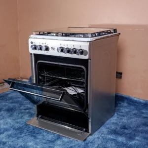 BJ Cooker BJ-6011T-INOX freestanding 60x60cm cooker featuring 3 gas burners, 1 electric hot plate, 60L electric oven with turbo fan, rotisserie function, and stainless-steel finish — available at Tael Appliances.