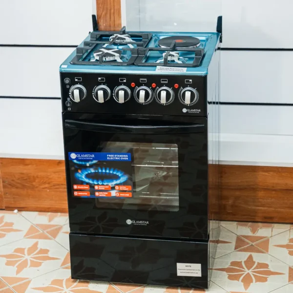 Glamstar 50x50 standing cooker in black with three gas burners and one electric hotplate at Tael Appliances.