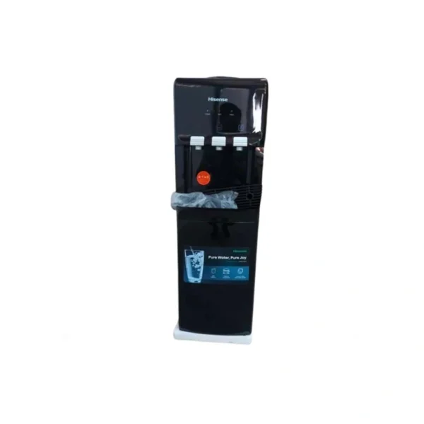 Hisense water dispenser H96WDTB3S1: Top-loading water dispenser in black, providing hot, normal, and cold water with a compressor, child safety lock, and storage cabinet, available at Tael Appliances.