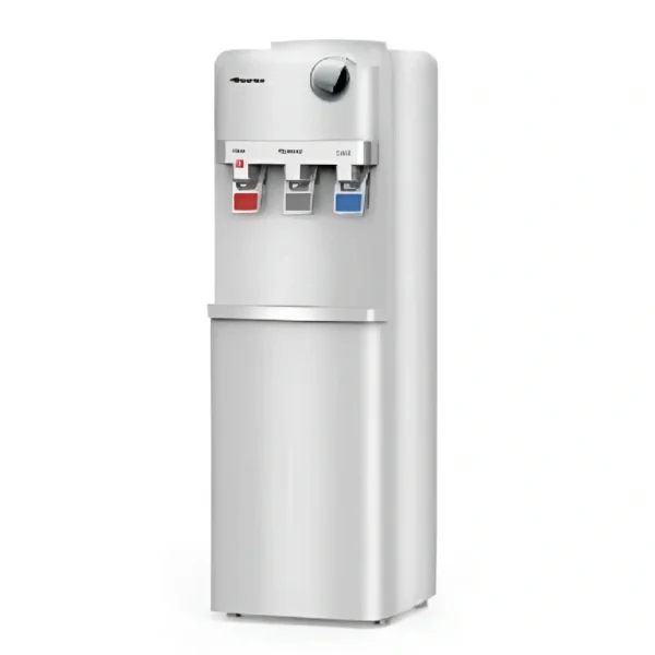 Hisense Water Dispenser H96WDTS3S2: Top-loading water dispenser in silver, providing hot, normal, and cold water with a compressor, child safety lock, stainless steel tank, and a 12L storage cabinet, available at Tael Appliances.