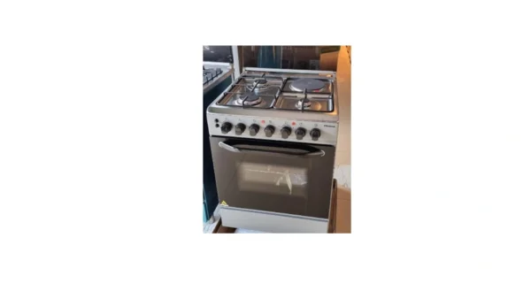 Hisense Cooker 60x60 HF631GEES: 3 gas burners, 1 electric plate, electric oven with grill, auto ignition, for versatile cooking, available at Tael Appliances.