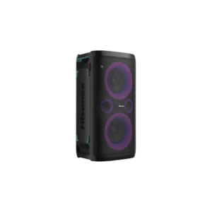 Hisense HP100 Party Rocker: 100W portable Bluetooth speaker with dynamic lighting, karaoke, and long battery life, available at Tael Appliances.