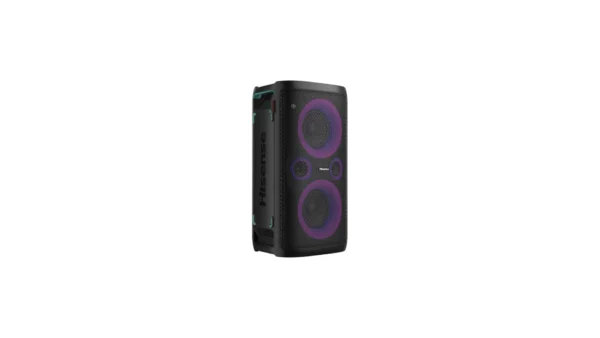 Hisense HP100 Party Rocker: 100W portable Bluetooth speaker with dynamic lighting, karaoke, and long battery life, available at Tael Appliances.