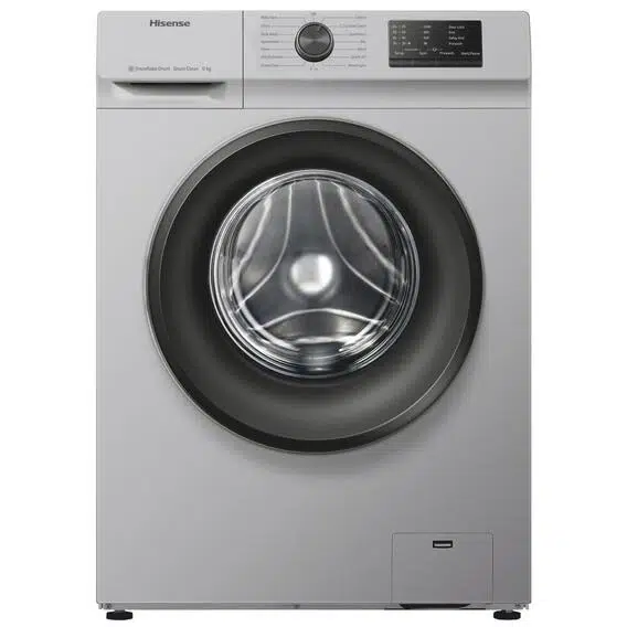 Hisense Washing Machine 6KG: WFVC6010S front load model, 6KG capacity, A+++ energy, 1000 RPM spin, silver finish, with 15 wash programs and Snowflake Drum, available at Tael Appliances.