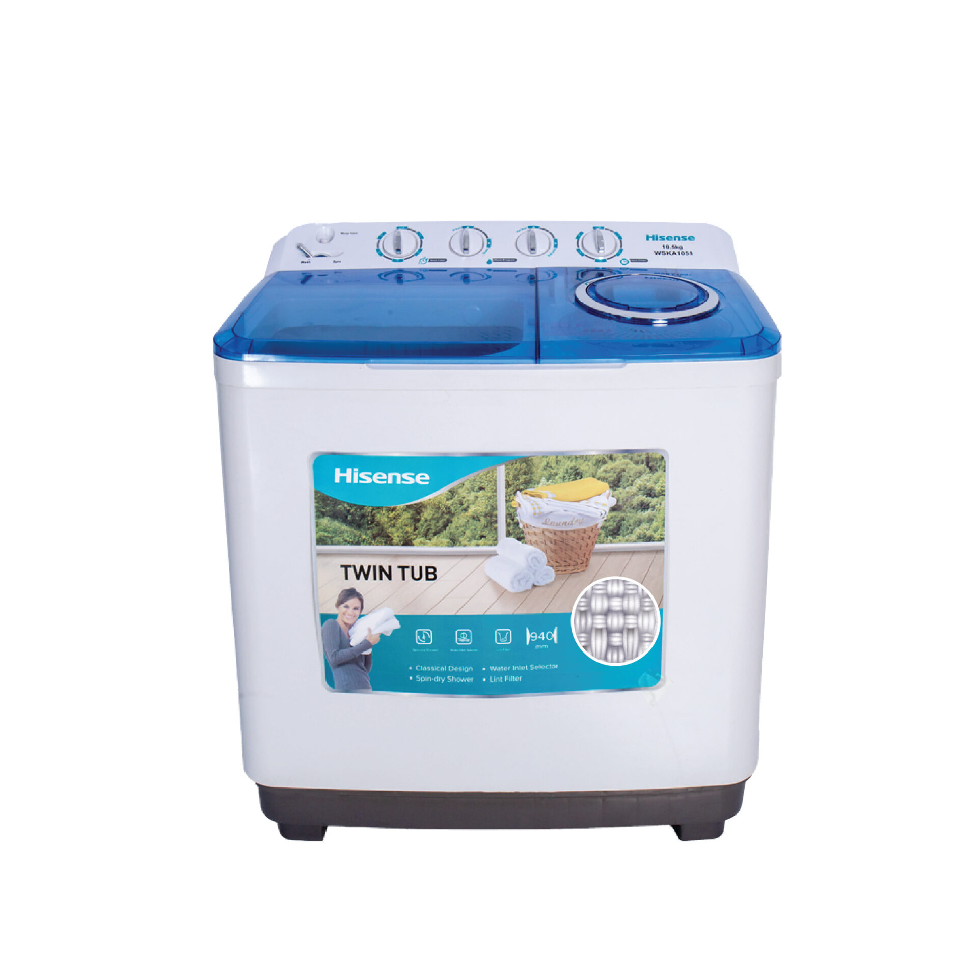 Hisense Washing Machine 7.5KG: XPB75 Twin-tub model, 7.5KG wash, 6KG spin, semi-automatic, durable plastic body, for efficient and easy laundry, available at Tael Appliances.