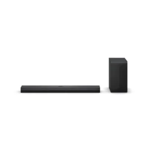 LG Soundbar 2.1ch black: S40T model, 300W total power, wireless subwoofer, Bluetooth connectivity, AI Sound Pro, Dolby Digital, HDMI ARC, available at Tael Appliances.