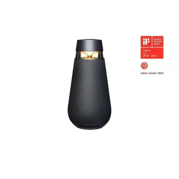 LG XBOOM Speaker black: XO3QBK model, omnidirectional 360 degree sound, portable Bluetooth, mood lighting, long battery life, IP54 water & dust resistant, available at Tael Appliances.