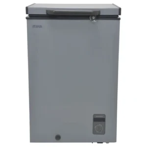 MIKA Chest Freezer 95 Ltrs dark grey: Aluminium inner, manual defrost, adjustable thermostat, freezer basket, lock & key, castor wheels, high voltage tolerance, available at Tael Appliances.