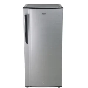 MIKA Fridge 175 Ltrs line silver dark: Single door, defrost function, toughened glass shelves, large vegetable box, lock & key, cool pack, VC filter, available at Tael Appliances.