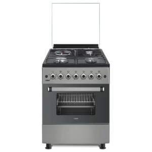 MIKA Cooker 58cm x 58cm dove grey: 3 gas pool jet burners, 1 rapid hot plate, button ignition, 4 function electric oven, rotisserie, available at Tael Appliances.