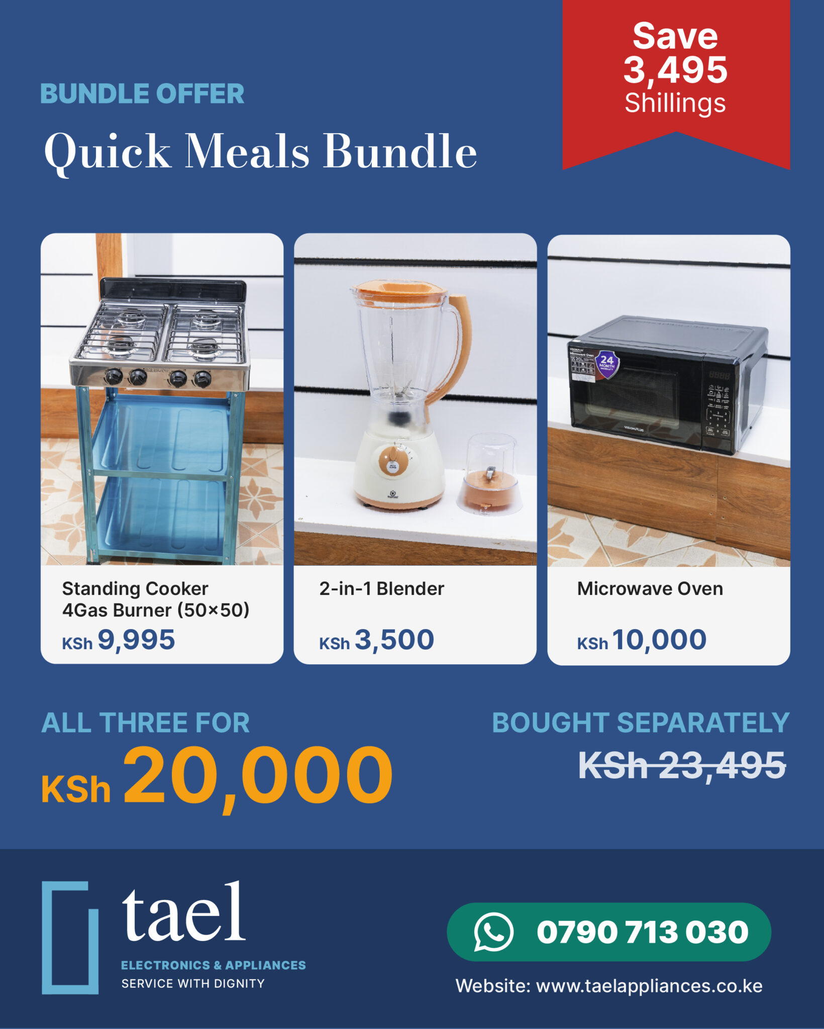 Quick Meals Bundle offer: 4 gas burner standing cooker, 2-in-1 blender and microwave oven at Tael Appliances.