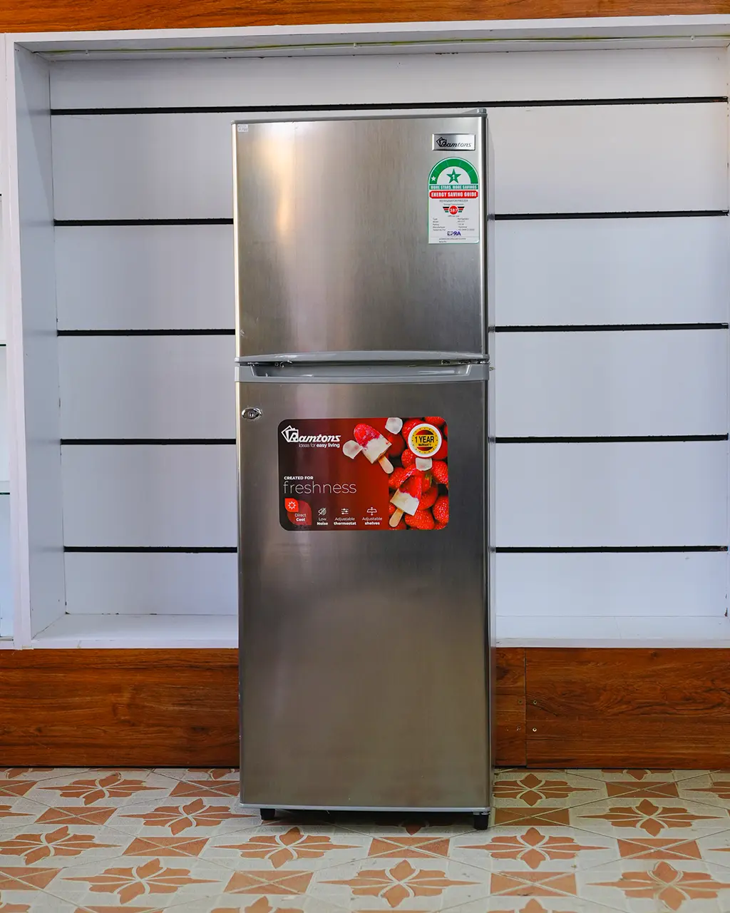 Ramtons Fridge 128Ltrs 1 Ramtons Fridge 128Ltrs RF/177 128L double door refrigerator in Titan Steel finish – Features Direct Cool technology, transparent glass shelves, 120W power rating, freezer door compartment, and CFC-free operation. Compact and energy-efficient design ideal for small kitchens and offices. Available now at Tael Appliances.