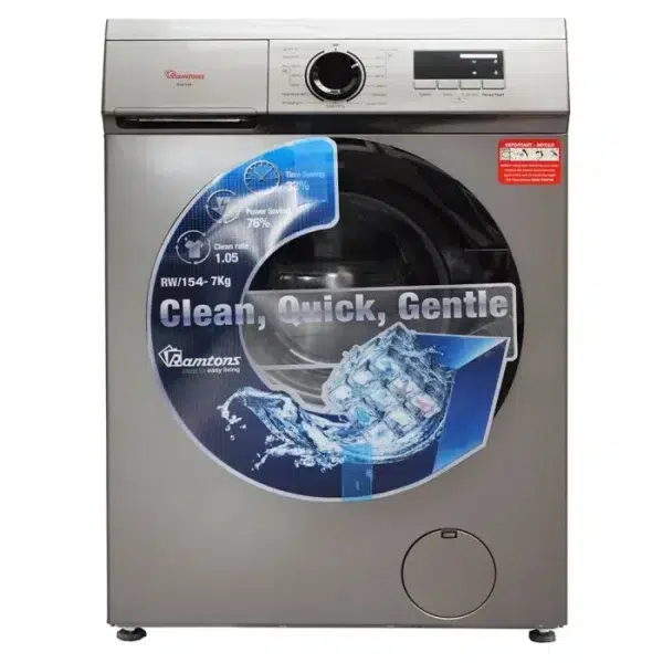 Ramtons Washing Machine 7Kgs front load fully automatic washer, model RW/154, with 1400RPM spin speed for efficient laundry, available at Tael Appliances.