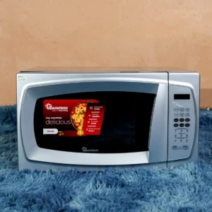 Ramtons Microwave + Grill 20Ltrs – RM/310 silver 20-liter microwave oven with manual controls and grill function; compact and efficient countertop model available at Tael Appliances.