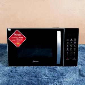 Ramtons RM/589 23L microwave oven with grill function, digital touch panel, and sleek black-silver design — available now at Tael Appliances for fast and efficient cooking.