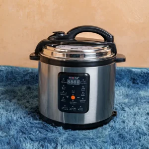 Rebune RE-11-022 8-liter electric pressure cooker with stainless steel housing, 1000W power, LED display with button controls, 24-hour preset timer, non-stick inner pot, and intelligent control technology for energy savings. Multi-function cooking options include beans, porridge, soup, rice, chicken, meat, tendon, and mutton. Available now at Tael Appliances.