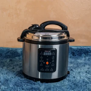 Rebune RE-11-022 8-liter electric pressure cooker with stainless steel housing, 1000W power, LED display with button controls, 24-hour preset timer, non-stick inner pot, and intelligent control technology for energy savings. Multi-function cooking options include beans, porridge, soup, rice, chicken, meat, tendon, and mutton. Available now at Tael Appliances.