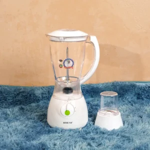 Rebune RE-2-143 2-in-1 electric blender with grinder in white – Features a 1.6L unbreakable plastic jar, 400W motor, stainless steel cutting blades, high/low/pulse speed control, and nonslip rubber feet. Ideal for blending fruits, vegetables, and grinding dry foods like spices. Available now at Tael Appliances.