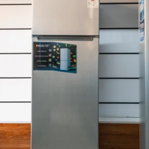 Rebune 208Ltrs double door fridge in brushed silver with top-mount freezer at Tael Appliances.