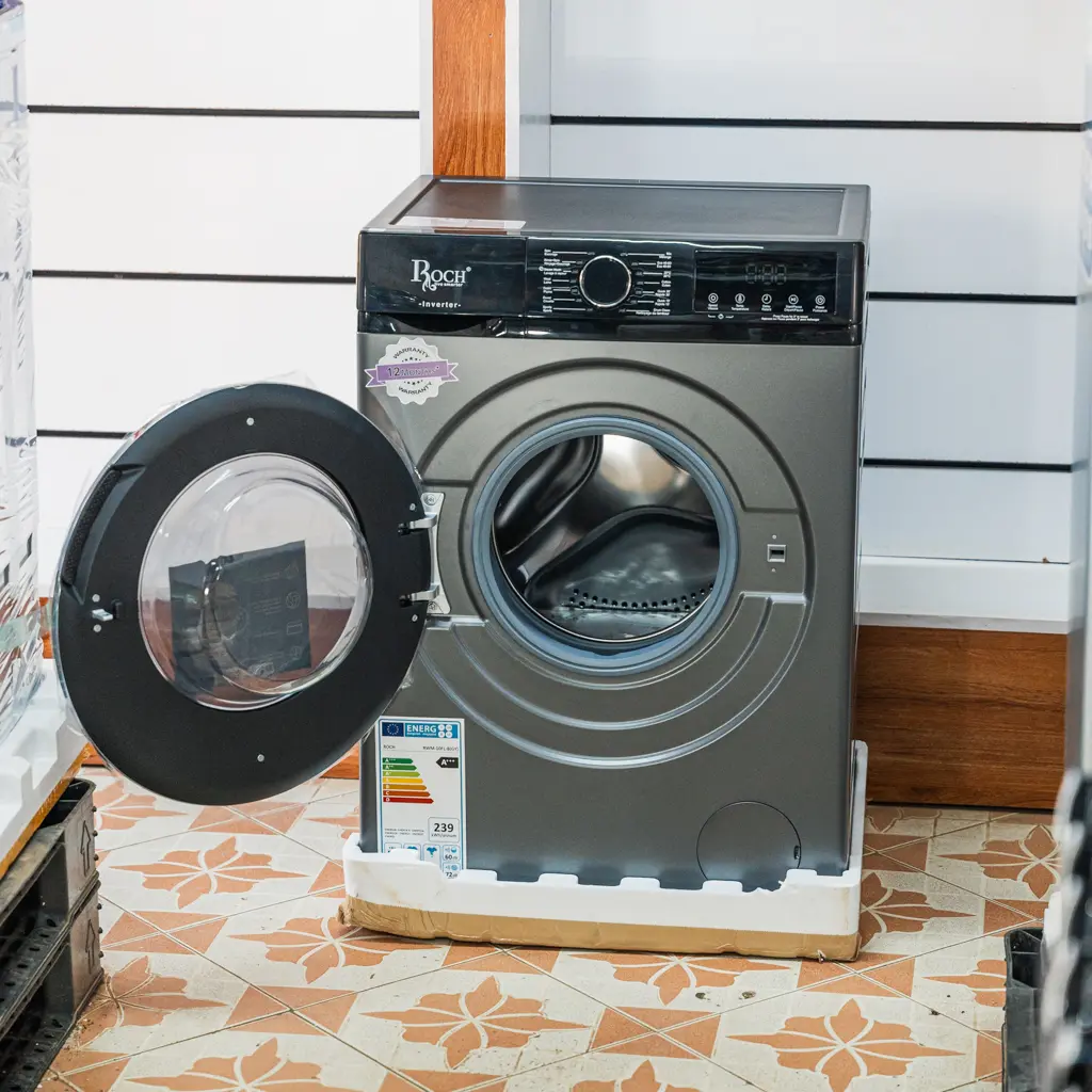 Roch Front Load Inverter Washing Machine 10Kg Dark Grey 3 Roch 10kg front load washing machine with the door open, showing the stainless steel drum at Tael Appliances.