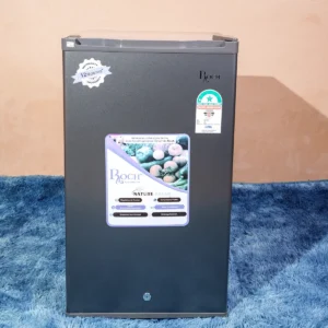 Roch RFR-120S-I 90L single door refrigerator in silver – Features mechanical control, interior LED light, energy-saving operation, low noise, adjustable front feet, and lock & key. Compact design ideal for small kitchens and offices. Available now at Tael Appliances.