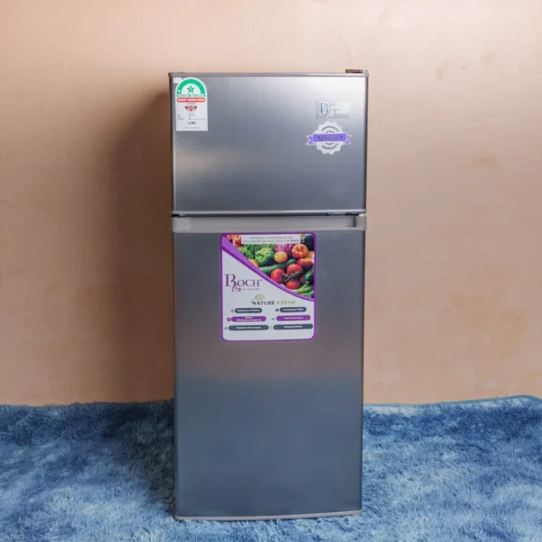Roch RFR-160DT-B 126L double door refrigerator in silver – Features mechanical control, energy-saving operation, low noise, stylish bulb light, reversible door, removable (easy clean) gasket, adjustable front feet, and a big crisper drawer. Compact design ideal for small kitchens and offices. Available now at Tael Appliances.