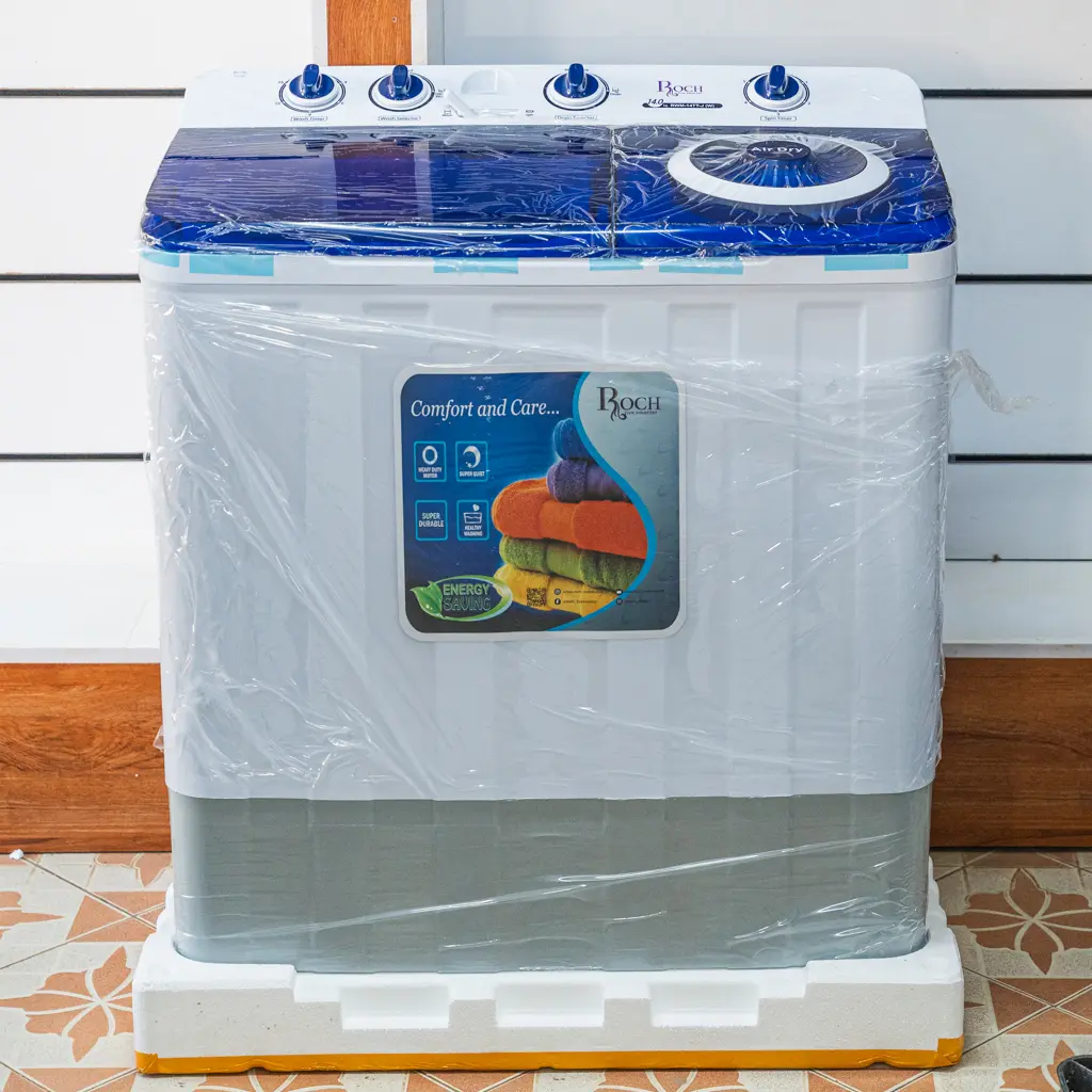 Roch Twin Tub Semi-Automatic Washing Machine 14Kg 1 Roch twin tub semi-automatic washing machine in white with blue lids at Tael Appliances.