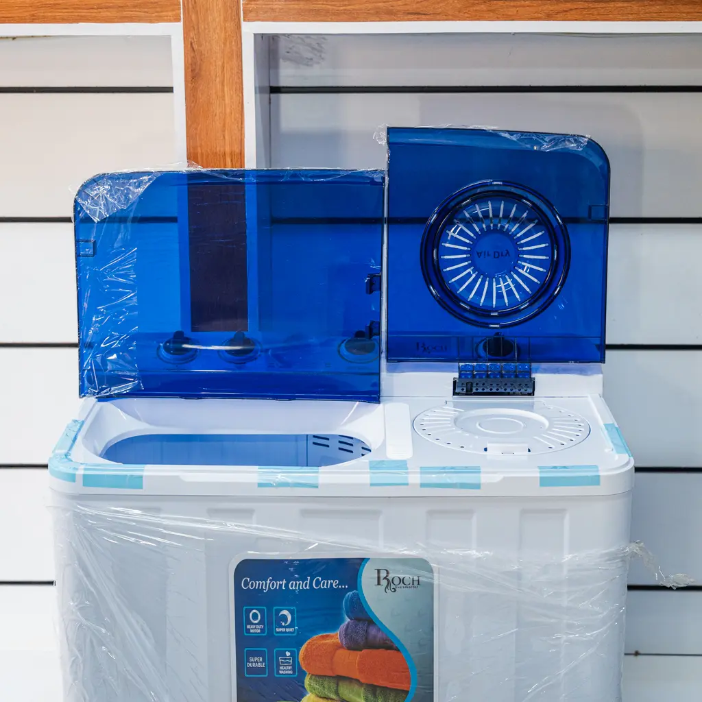 Roch Twin Tub Semi-Automatic Washing Machine 14Kg 2 Roch twin tub washing machine with both lids open, showing the wash tub and Air Dry spin tub at Tael Appliances.