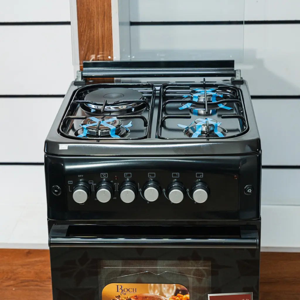 Roch Cooker 50x55 3 Gas 1 Electric Black 2 Roch 50x55 cooker hob from above, showing three gas burners and one electric hotplate at TAEL Electronics and Appliances.
