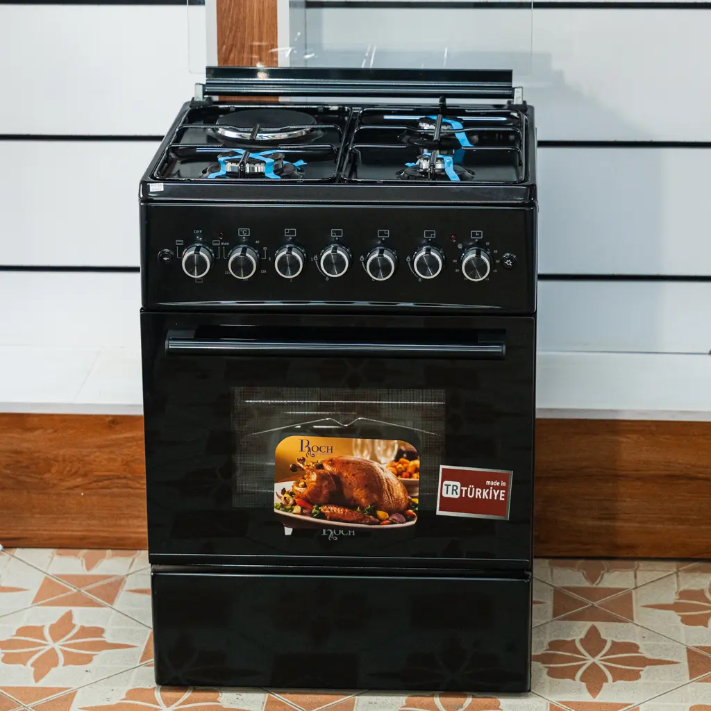 Roch Cooker 50x55 3 Gas 1 Electric Black 1 Roch 50x55 standing cooker in black gloss with three gas burners and one electric hotplate at TAEL Electronics and Appliances.