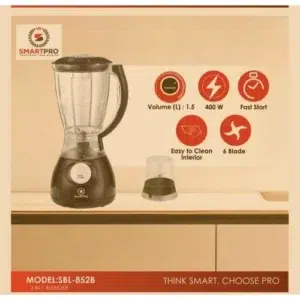 Smart Pro Blender 2in1 black: SBL-852B model, 500W, 1.5 Ltrs jug, grinder mill, multiple speeds, pulse function, stainless steel blades, available at Tael Appliances.