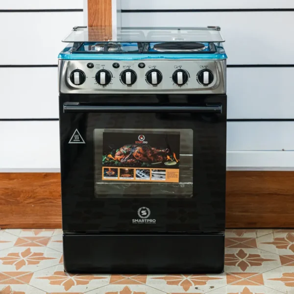Smart Pro 60x60 standing cooker in black with stainless steel control panel at Tael Appliances.