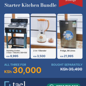 Starter Kitchen Bundle offer: standing cooker, 2-in-1 blender and 90 litre fridge for KSh 30,000 at Tael Appliances.