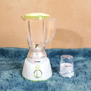 Uken Blender UB-1580 2-in-1 electric blender with a 1.5L glass jug and separate grinder attachment, featuring a stylish red base, available at Tael Appliances.