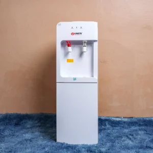Uken UWD-153 white top-loaded water dispenser featuring hot and normal water taps, convenient storage cabinet for cups and accessories, energy-efficient design, and user-friendly operation. Ideal for homes and offices seeking reliable hydration solutions. Available now at Tael Appliances.