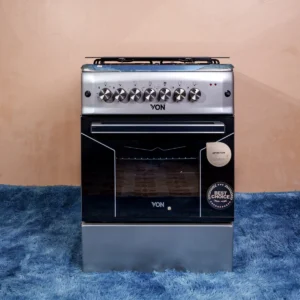 VON Hotpoint VAC6F031US 60cm free-standing cooker featuring 3 gas burners, 1 electric hotplate, electric oven with grill, rotisserie, push-button ignition, timer, and double-glass oven door with ventilation – sleek silver finish available at Tael Appliances for versatile cooking solutions.