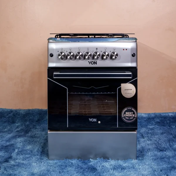 VON Hotpoint VAC6F031US 60cm free-standing cooker featuring 3 gas burners, 1 electric hotplate, electric oven with grill, rotisserie, push-button ignition, timer, and double-glass oven door with ventilation – sleek silver finish available at Tael Appliances for versatile cooking solutions.