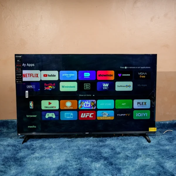 Vision Plus VP8843SF 43-inch Full HD frameless Android Smart TV with Dolby Audio, Android 13, Bluetooth, and built-in Wi-Fi — stylish and feature-rich entertainment hub at Tael Appliances.
