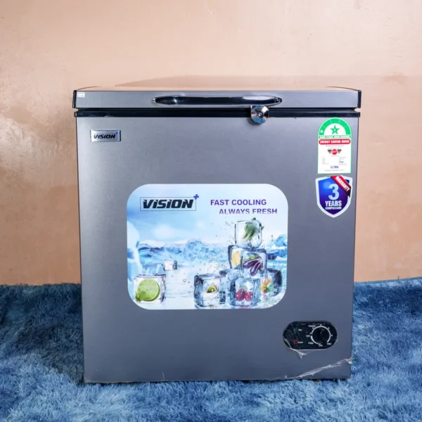 Vision Plus VPCF150F 150L chest freezer featuring a sleek silver finish, glass sliding lid, super freeze technology, built-in lamp, lockable design, included cool pack and bucket, and mobile-friendly castors. Ideal for homes and businesses requiring efficient frozen storage. Available now at Tael Appliances.