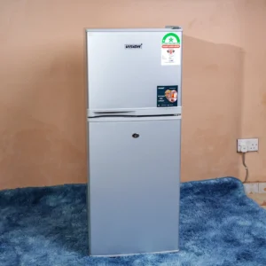 Vision Plus VPFD108DD-S 108L double door refrigerator in silver – Features separate fridge and freezer compartments, Quick Freeze technology, sturdy glass shelves, secure lockable doors, and energy-efficient direct cooling. Compact design ideal for small households and offices. Available now at Tael Appliances.