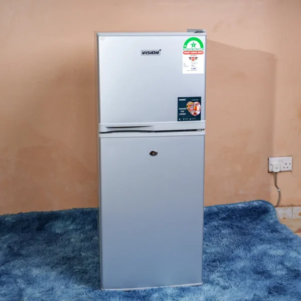 Vision Plus VPFD108DD-S 108L double door refrigerator in silver – Features separate fridge and freezer compartments, Quick Freeze technology, sturdy glass shelves, secure lockable doors, and energy-efficient direct cooling. Compact design ideal for small households and offices. Available now at Tael Appliances.