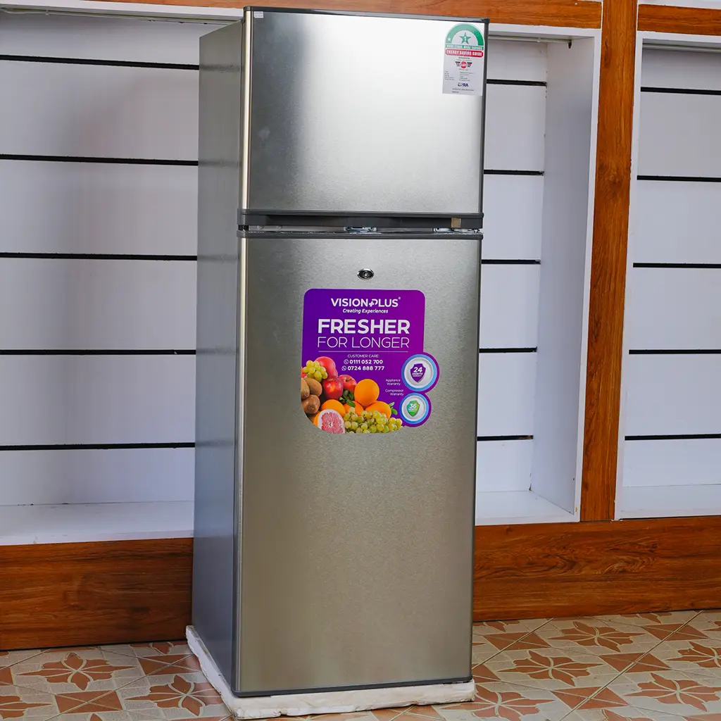 Vision Plus 220Ltrs 3 Vision Plus VPFD220DD-I 220L double door refrigerator in silver – Features spacious freezer compartment, Quick Freeze technology, durable glass shelves, secure lockable doors, and energy-efficient direct cooling. Ideal for medium-sized households. Available now at TAEL Electronics and Appliances.