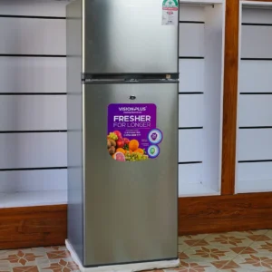 Vision Plus VPFD220DD-I 220L double door refrigerator in silver – Features spacious freezer compartment, Quick Freeze technology, durable glass shelves, secure lockable doors, and energy-efficient direct cooling. Ideal for medium-sized households. Available now at Tael Appliances.