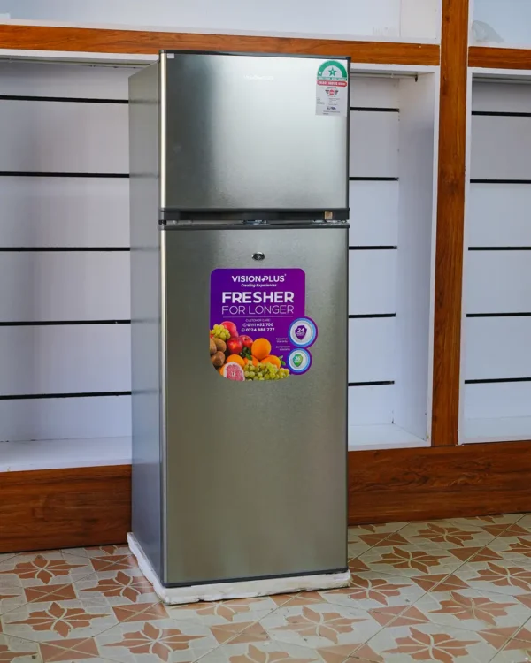 Vision Plus VPFD220DD-I 220L double door refrigerator in silver – Features spacious freezer compartment, Quick Freeze technology, durable glass shelves, secure lockable doors, and energy-efficient direct cooling. Ideal for medium-sized households. Available now at Tael Appliances.