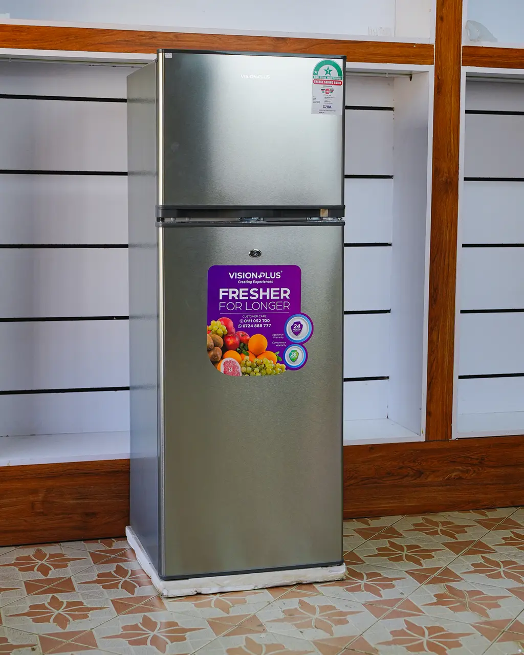 Vision Plus 220Ltrs 1 Vision Plus VPFD220DD-I 220L double door refrigerator in silver – Features spacious freezer compartment, Quick Freeze technology, durable glass shelves, secure lockable doors, and energy-efficient direct cooling. Ideal for medium-sized households. Available now at TAEL Electronics and Appliances.