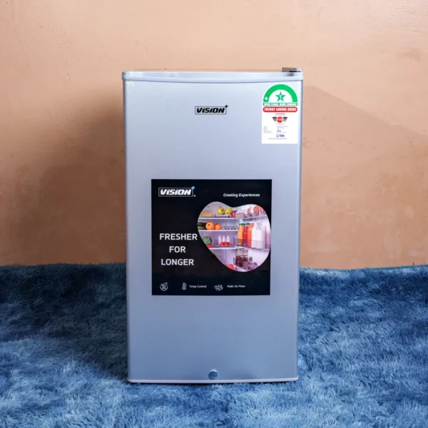 Vision Plus VPFD91SD-S 91L single door refrigerator in silver – Features built-in freezer compartment, durable glass shelves, energy-efficient direct cooling technology, secure lockable door, and compact design ideal for small households and offices. Available now at Tael Appliances.