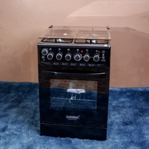 Vision Plus VPSC3155B 55x60 cooker featuring 3 gas burners, 1 electric hot plate, 64L electric oven with rotisserie and oven light, shiny enamel hob, pulse ignition, glass top and oven door — available now at Tael Appliances for versatile and efficient home cooking.
