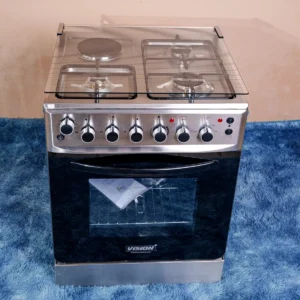 Vision Plus VPSC3160S 60x60 freestanding cooker featuring 3 gas burners, 1 electric hot plate, a 64-liter electric oven with rotisserie, flame failure safety device, and sleek black enamel finish — available at Tael Appliances.