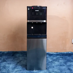 Vision Plus VPWD3CC water dispenser in silver – Features hot (85–95°C), normal, and super cold (5–10°C) water taps, advanced compressor cooling system, child safety lock on hot tap, under-storage cabinet, and durable PVC build. Ideal for homes and offices seeking convenient and safe hydration solutions. Available now at Tael Appliances.