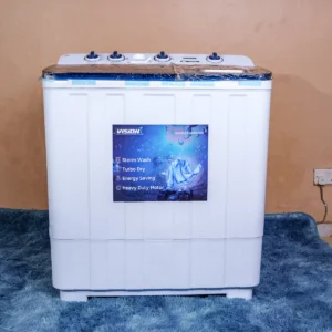 Vision Plus VPWM12TT 12KG twin tub top load washing machine featuring Turbo Dry technology, under-side rodent protection, and sleek design — ideal for large households, available at Tael Appliances.